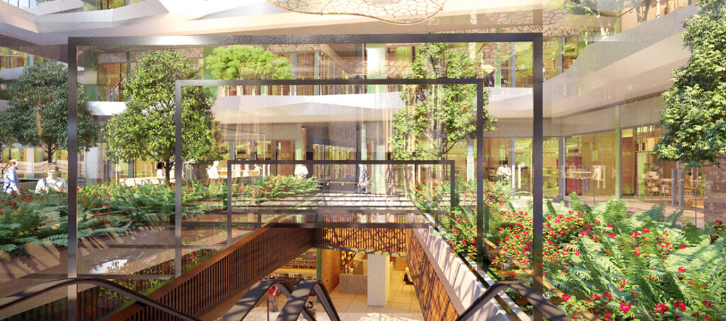 Conceptualised by Benoy, UK. This 1 million sq. ft central atrium with signature "Golden Petals" designed by Uncommon Land, UK.